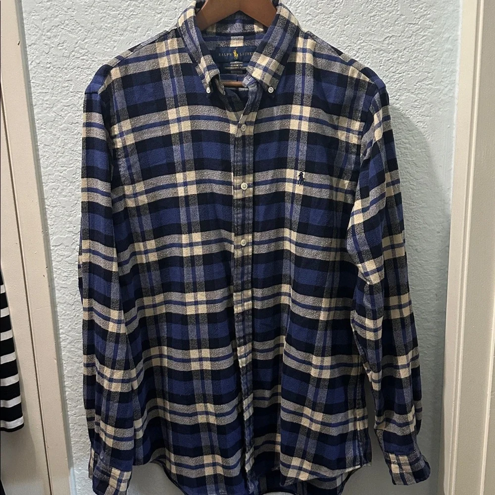 Polo‎ Ralph Lauren Shirt Mens Medium Blue Gray Plaid Flannel Button Up Preppy